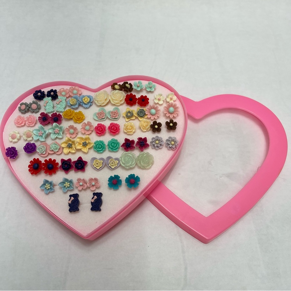 Kids Valentines Flowers Earrings Set Plastic Stud, Gift Boxed (36 Pairs) - Picture 2 of 6